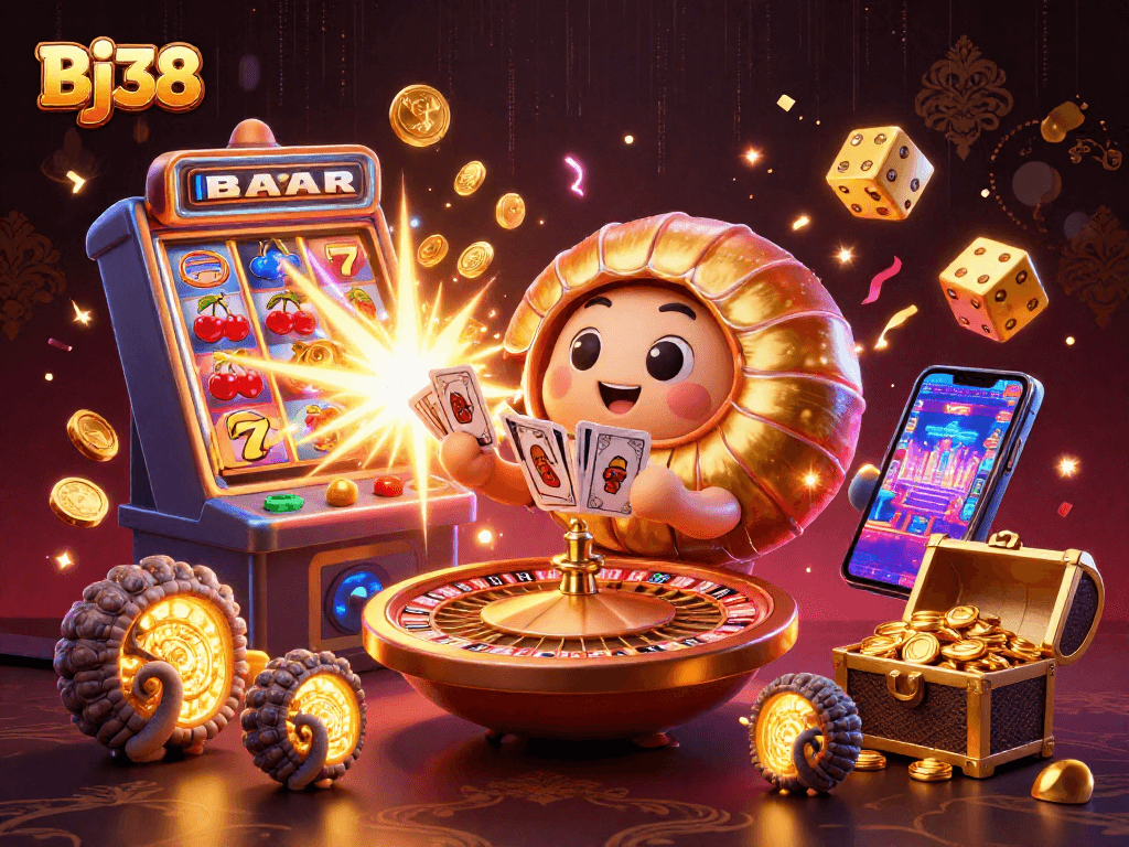 Engage in thrilling gameplay with Bj38 at a vivid 3D casino featuring lavish symbols and characters.