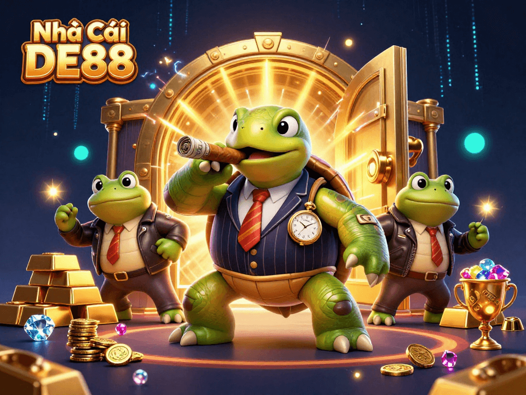 Engage with thrilling experiences at Nhà Cái DE88 featuring cartoon turtle mobster and casino treasures.