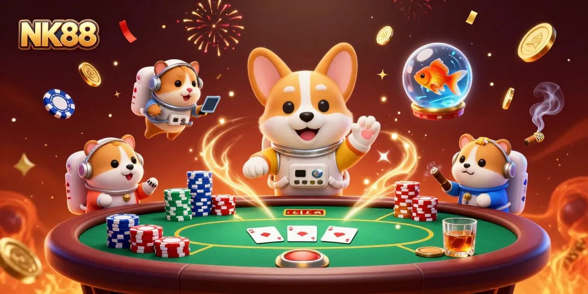 Engage with NK88's vibrant online casino atmosphere featuring poker action and playful characters.
