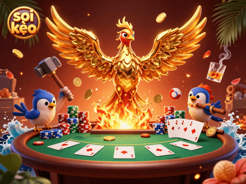Engage in exciting soi kèo analysis with a vibrant poker scene featuring golden phoenix and chips.