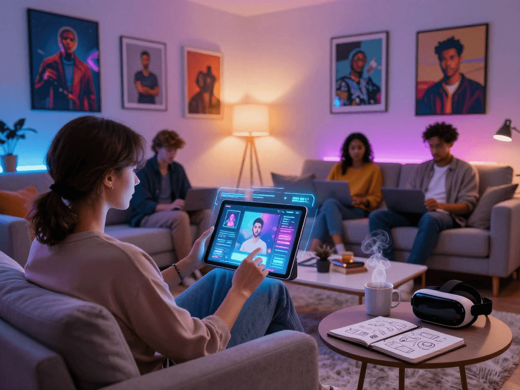 A diverse group engaging with nsfw AI content in a modern living room.