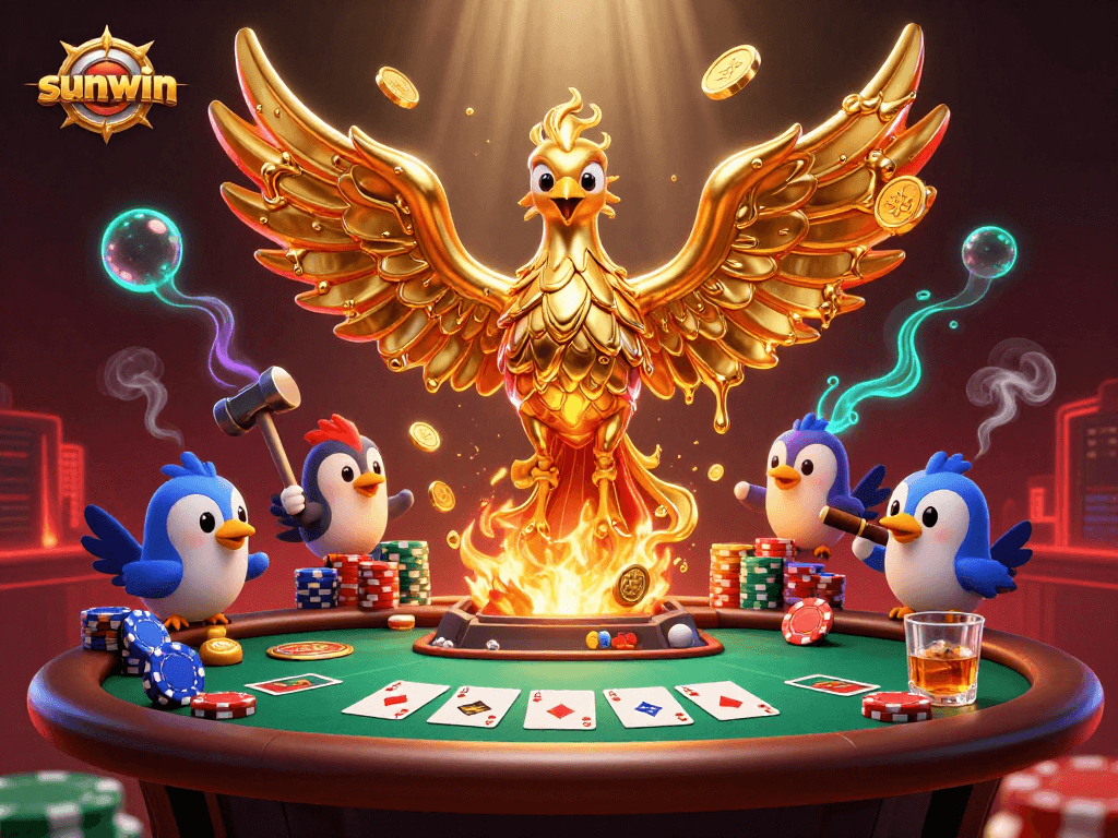 Experience thrilling games at sunwin with a golden phoenix and poker elements.