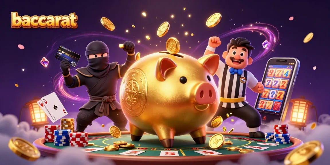 Experience baccarat action with a dynamic illustration of a golden piggy bank sumo wrestler.