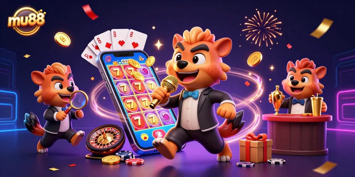 mu88 showcases hyenas in a vibrant casino scene blending humor and gaming excitement.