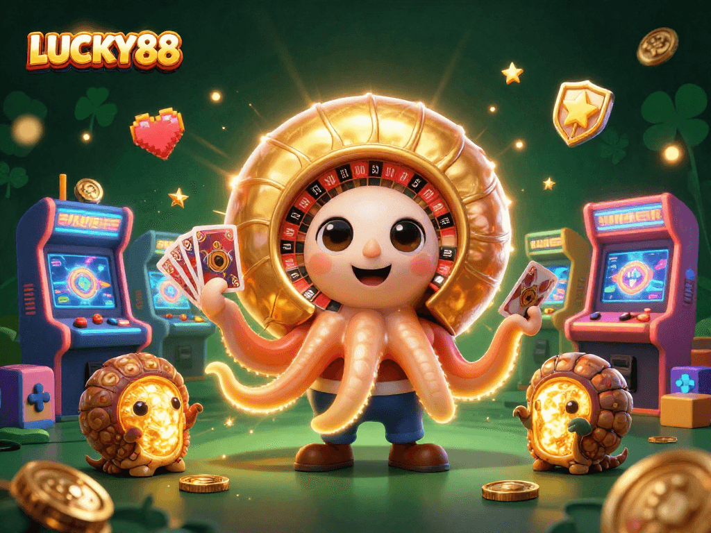 Experience the thrill of LUCKY88 with a vibrant casino scene featuring an illuminated nautilus roulette wheel and glowing game elements.