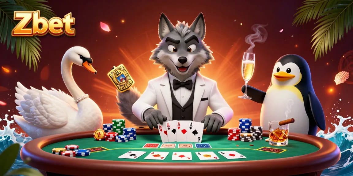 Zbet casino experience with a debonair wolf, elegant swan, and sophisticated penguin at a vibrant baccarat table.