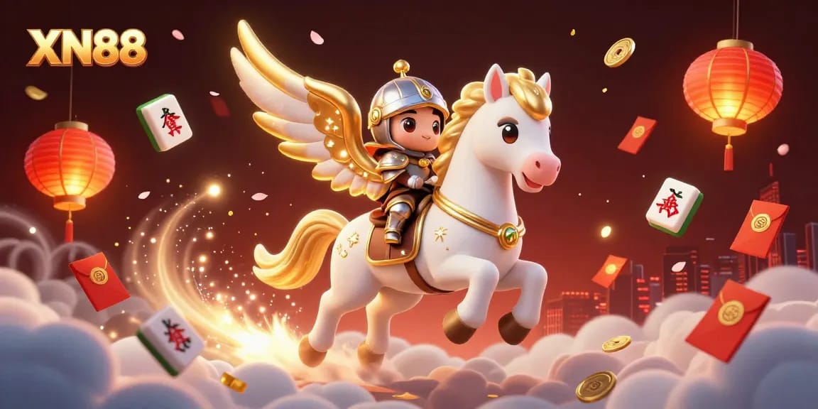Experience dynamic gameplay with XN88 as the celestial horse and armored knight chase winnings through a vibrant casino landscape.