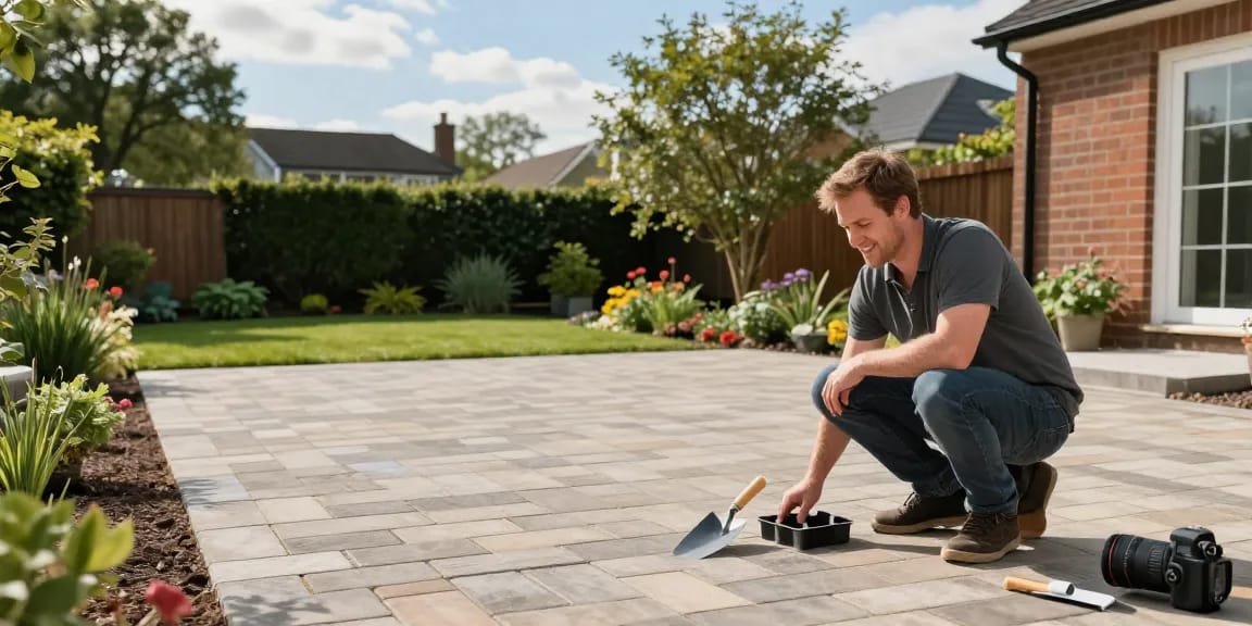 Driveways and Patios Dublin showcase of a finished block paving project with homeowner inspecting the quality of work.