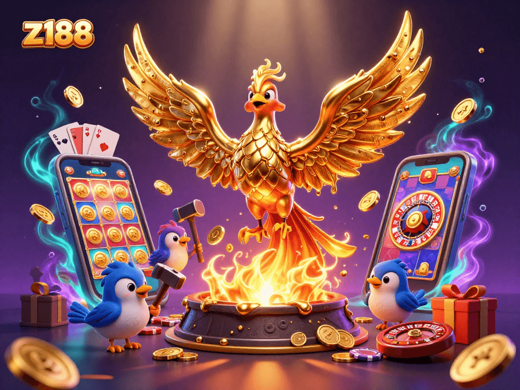 Experience thrilling gameplay at z188 with a golden phoenix and vibrant casino elements