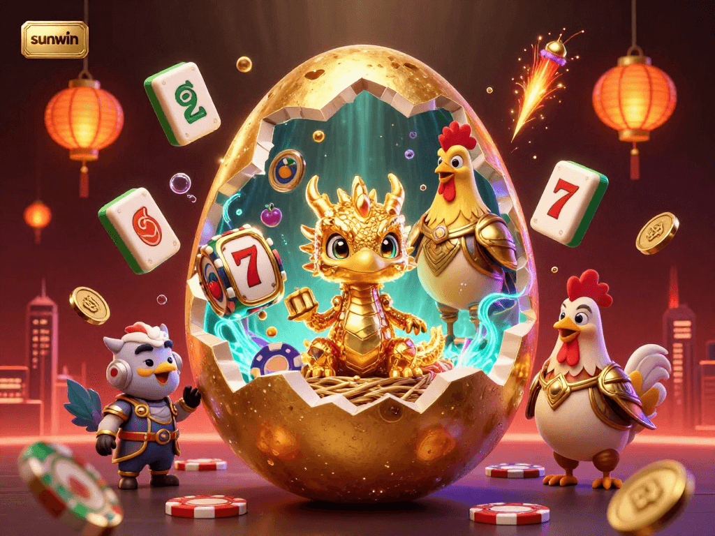 Play thrilling slot games with sunwin, featuring a golden dragon and shimmering casino elements.