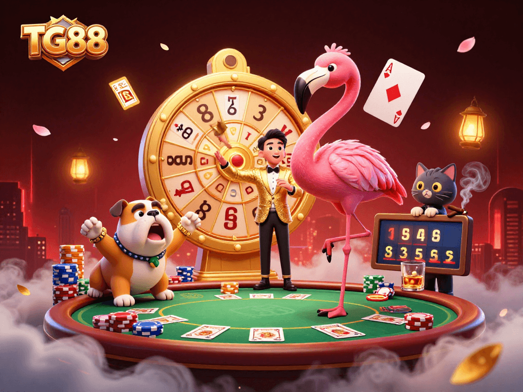 Engage with TG88's exhilarating casino scene featuring vibrant game elements and lively characters.