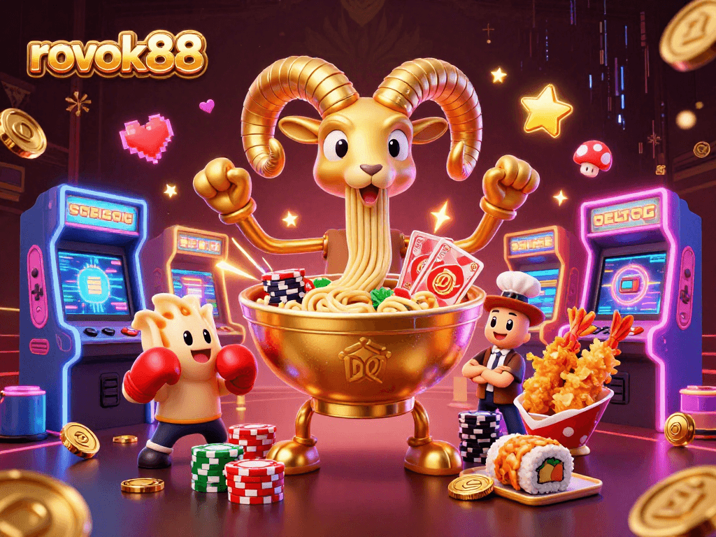 rokok88 engages with vibrant casino characters and arcade elements in a lively gaming scene.