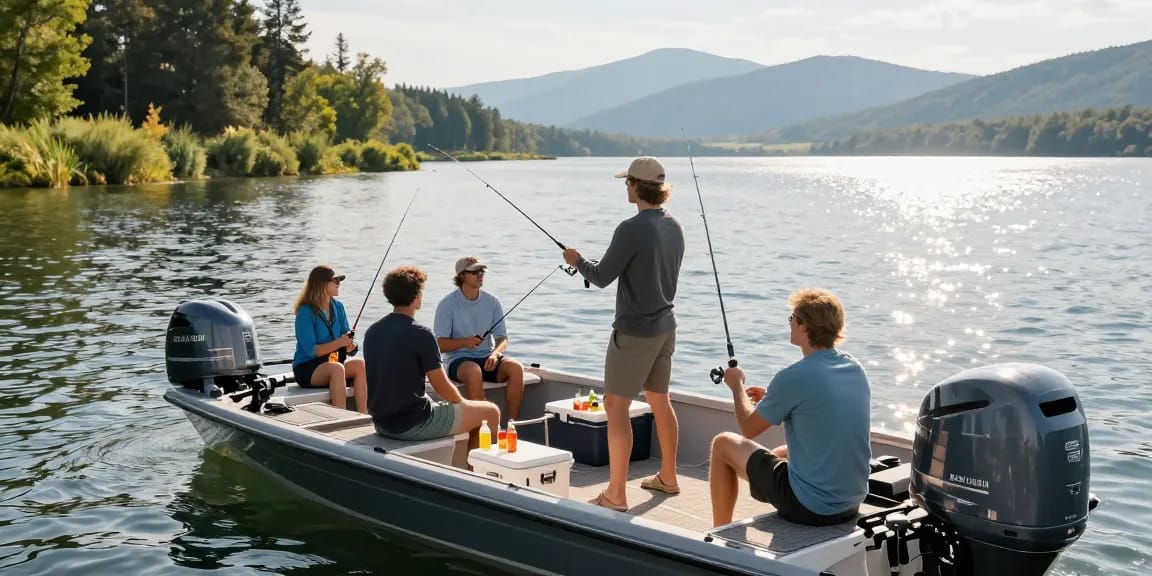 Reliable outboard motor powering a boat filled with friends on a serene lake adventure.