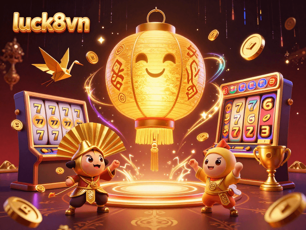 Engage with luck8vn in an exciting casino scene featuring golden lantern spirits, lucky symbols, and dynamic gaming elements.