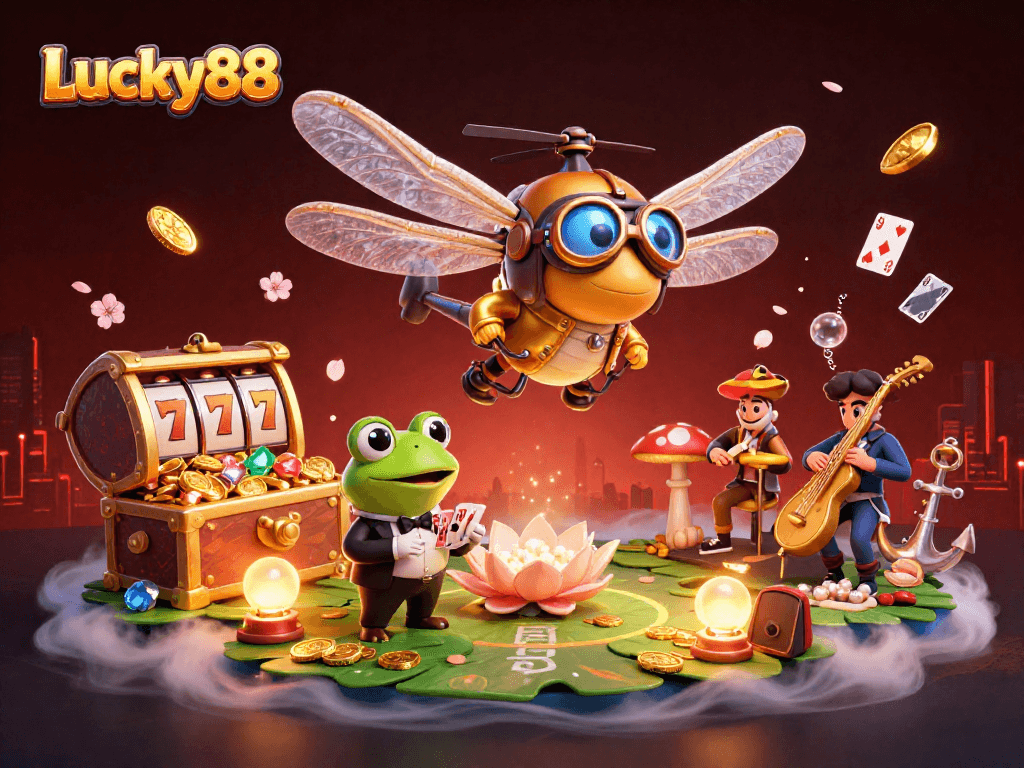 Experience thrilling gaming moments at Lucky88 with the dragonfly pilot and frog croupier in 3D illustration.