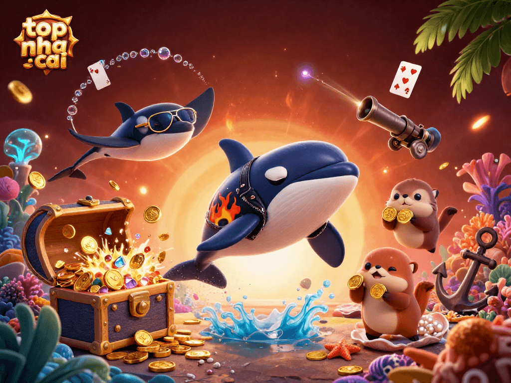 Experience the thrill of top nha cai with a colorful underwater scene featuring gambling elements and fun characters.