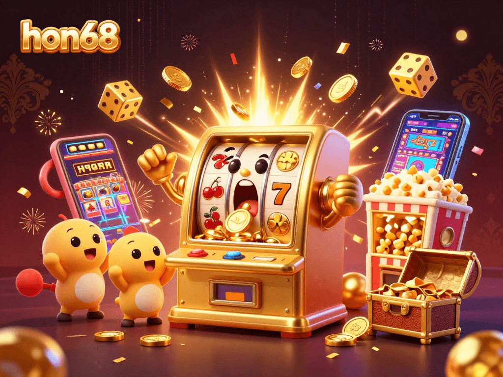 hon68 slot machine celebrating jackpot victory with coins and cheering baby slots in casino scene