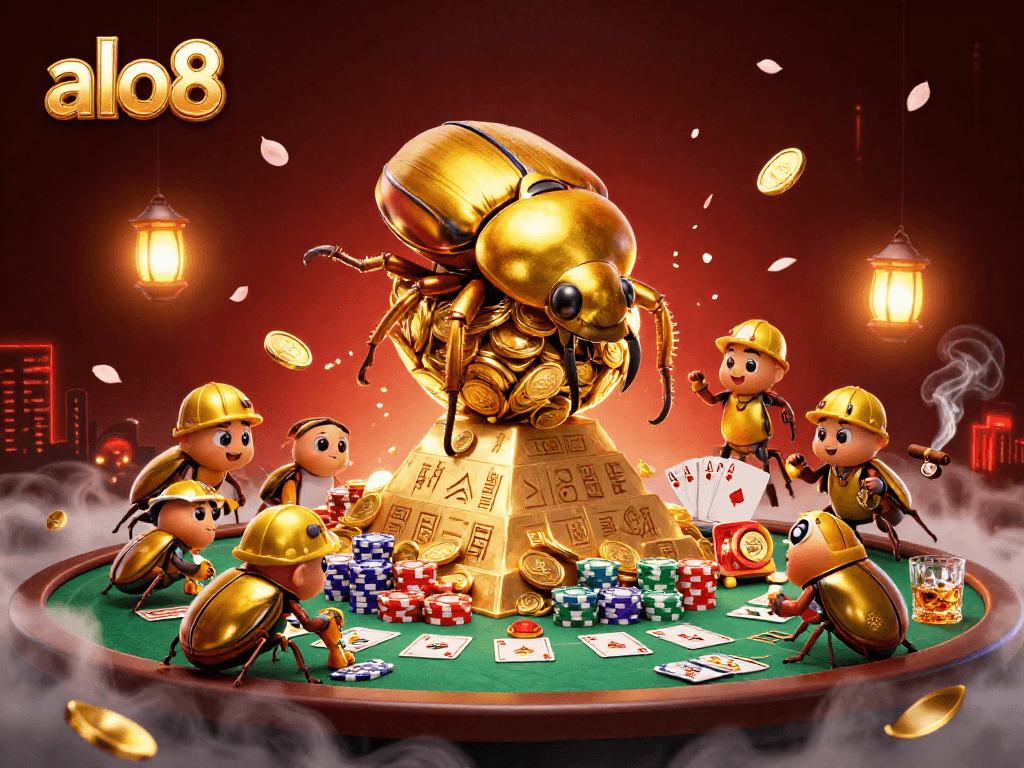 Experience alo8's exciting online gaming with interactive golden beetles and casino elements.