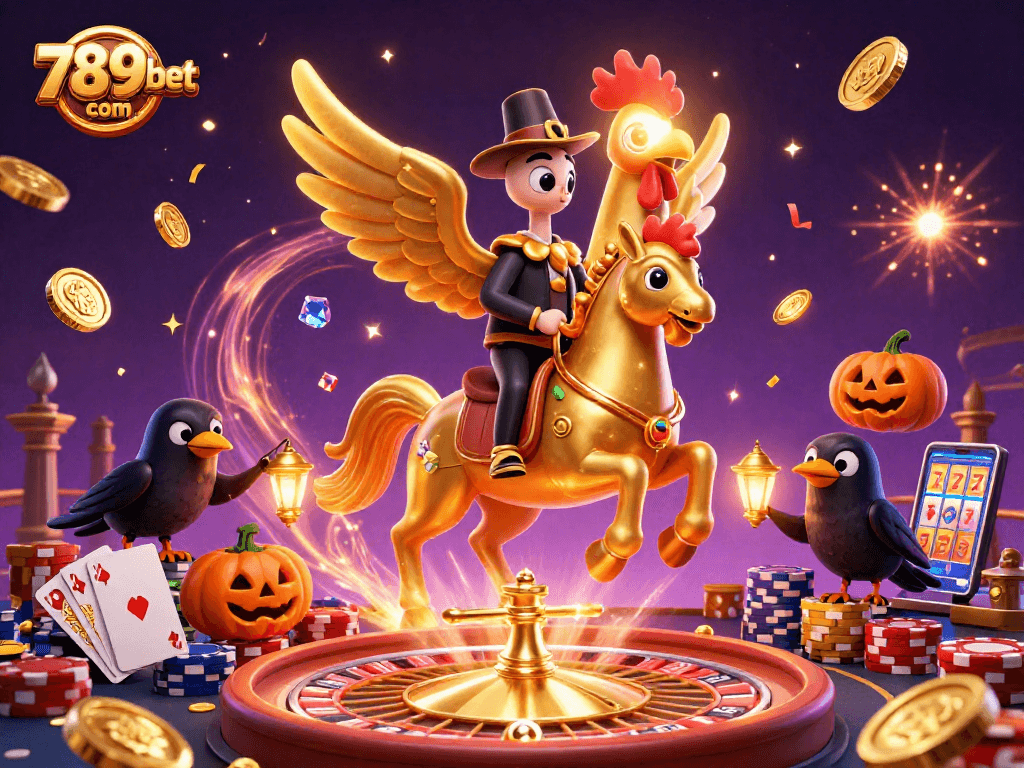 Cascade of golden coins and gems in 789bet com casino scene with a unique golden rooster and crow companions.