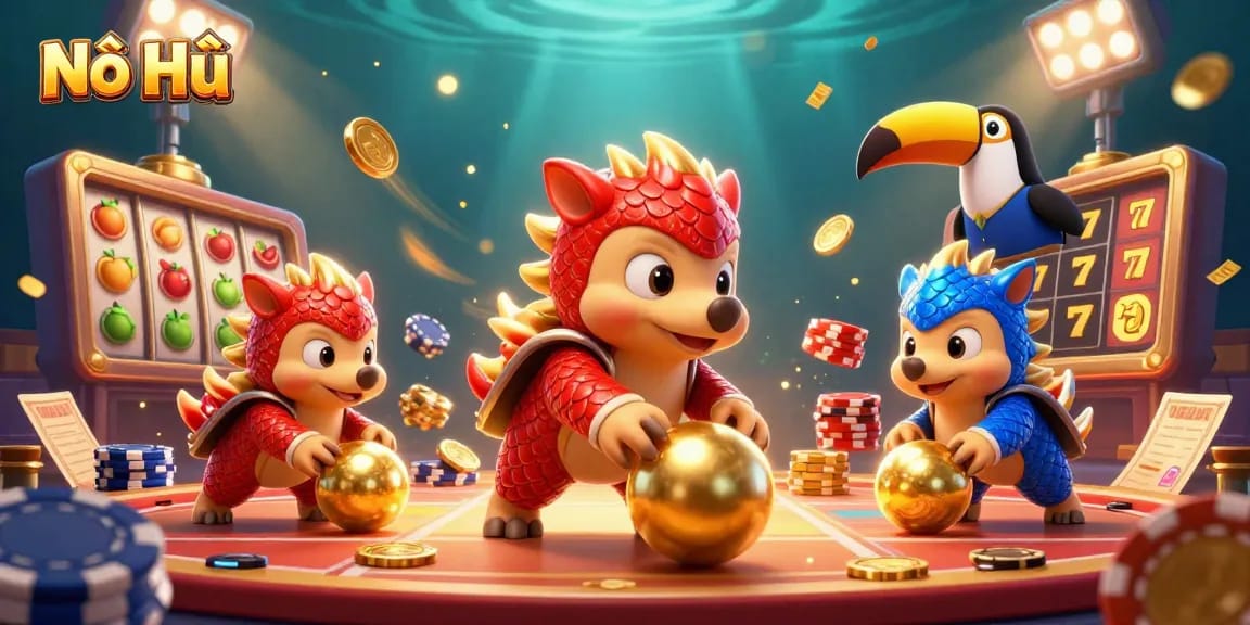 Nổ Hũ showcases a vibrant scene with rival pangolins rolling through golden balls and poker chips, perfect for casino excitement.