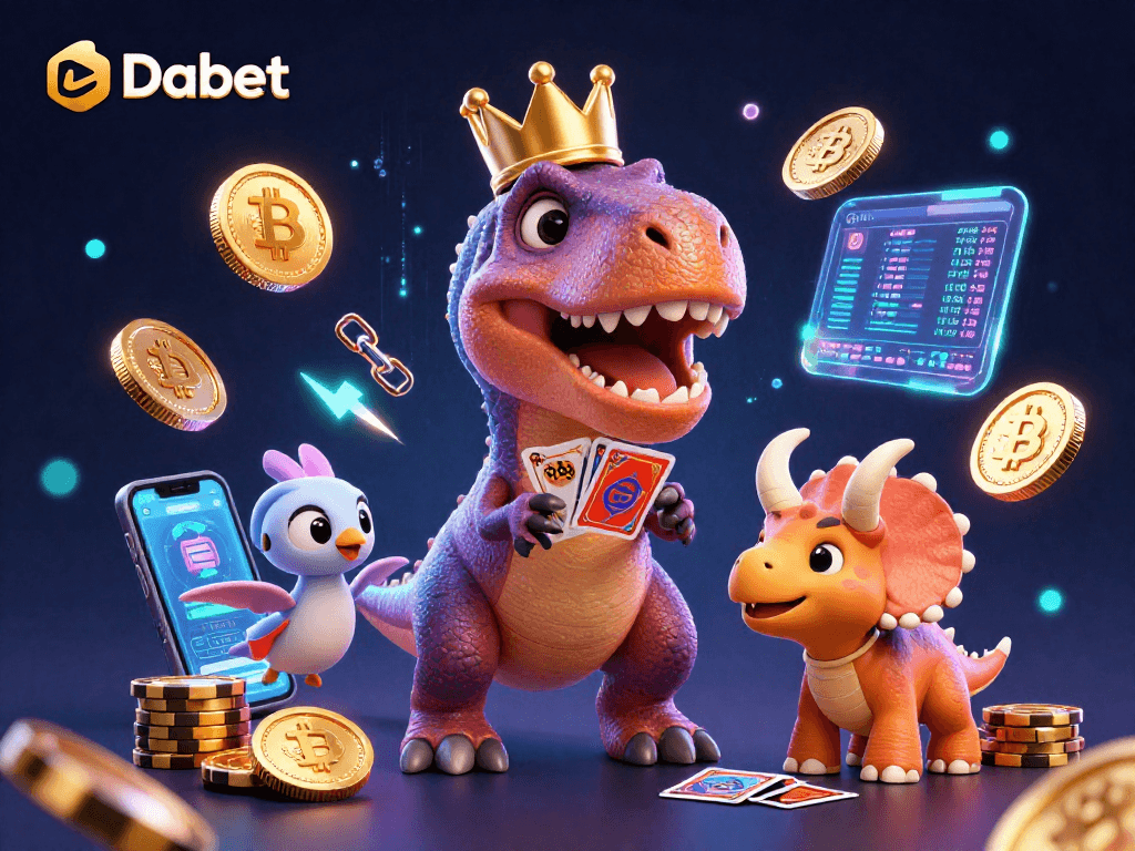Dabet showcases a T-Rex playing cards, with a pterodactyl and triceratops at a lively casino.