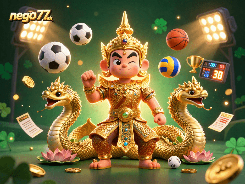 Experience thrilling action with the nego77 link in this dynamic 3D casino scene full of sports elements.