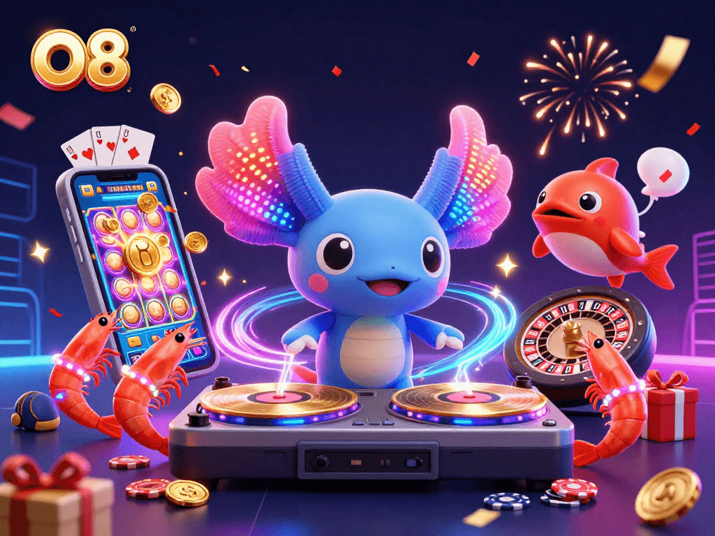 Experience the excitement of O8 with a vibrant 3D illustration featuring a neon axolotl DJ and dynamic gaming elements.