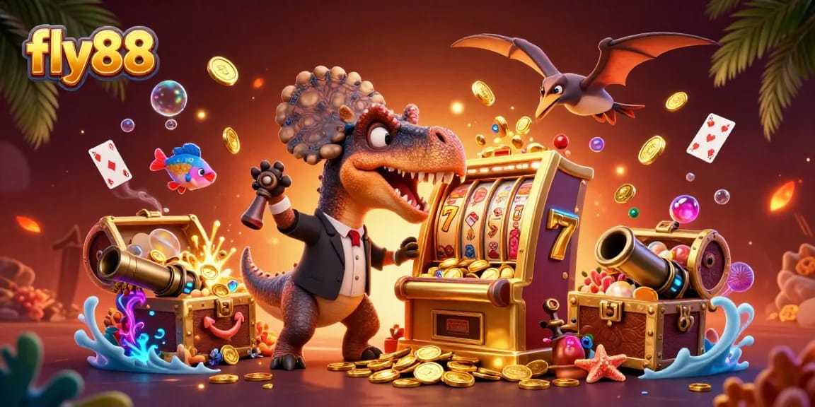 Experience huge wins at fly88 as a cartoon pachycephalosaurus hits the jackpot slot machine amidst golden coins and excitement.