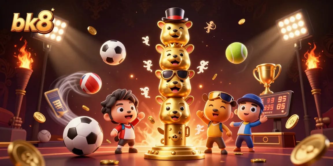 Engage in thrilling bets with bk8 featuring vibrant sports elements and animated casino totem.