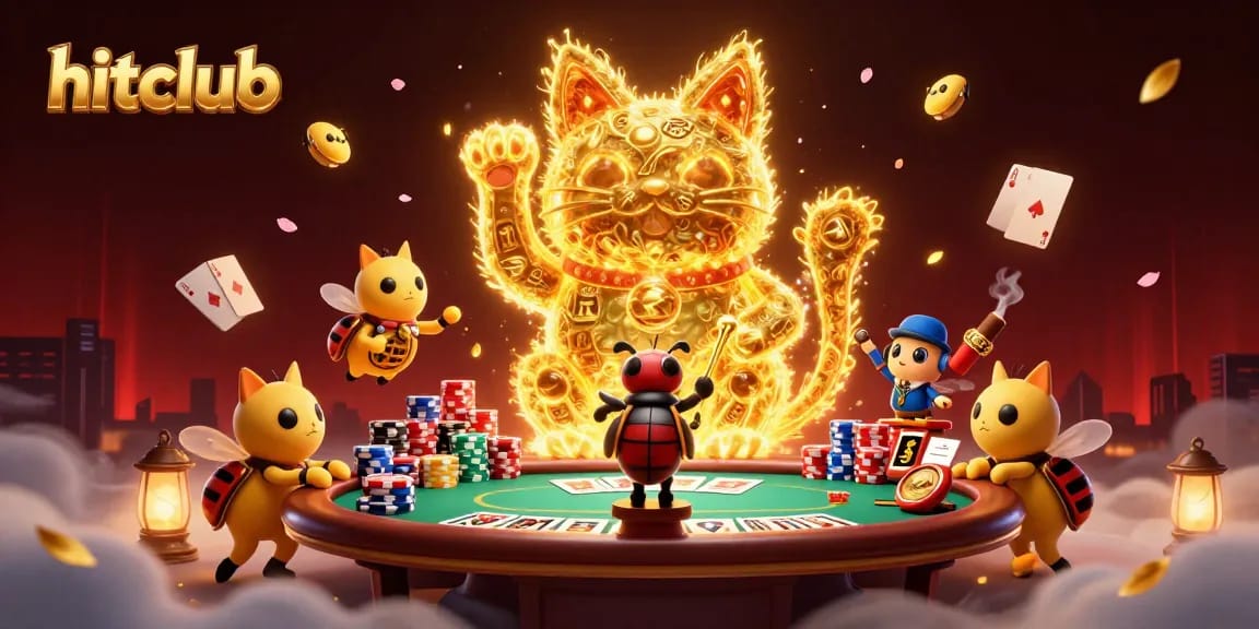 Hitclub showcases winning moments with gold fireflies and rich poker elements in dynamic illustration.
