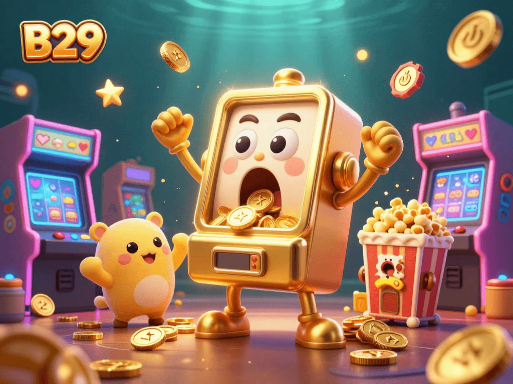 B29 unveils a gold-filled jackpot scene with lively slot machine characters celebrating wins.