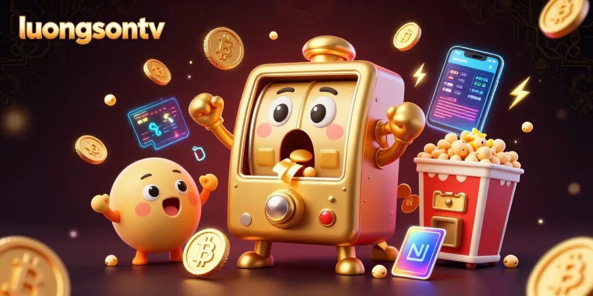 Experience the excitement of gambling at luongsontv with a vibrant jackpot scene featuring slot machines and cryptocurrency elements.