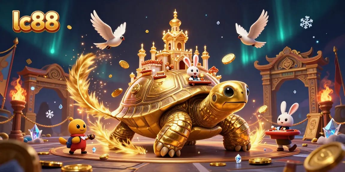 Experience excitement at lc88 with a dynamic casino scene filled with golden treasures and animated characters.