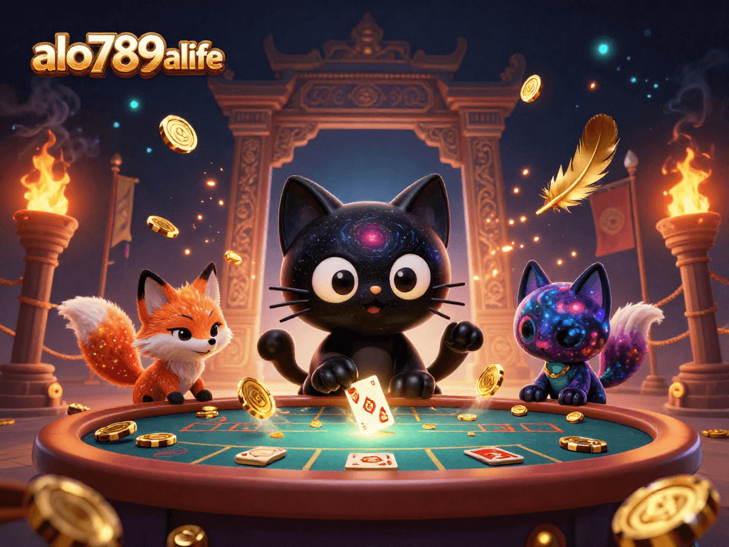 Experience the cosmic thrill of gambling at alo789alife, surrounded by vibrant casino elements and captivating characters.