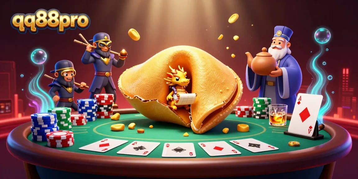 Win big with qq88pro in this vibrant 3D casino scene featuring colorful poker elements.