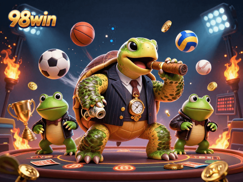 Join the excitement at 98win with a dynamic 3D casino illustration capturing lively gambling action.