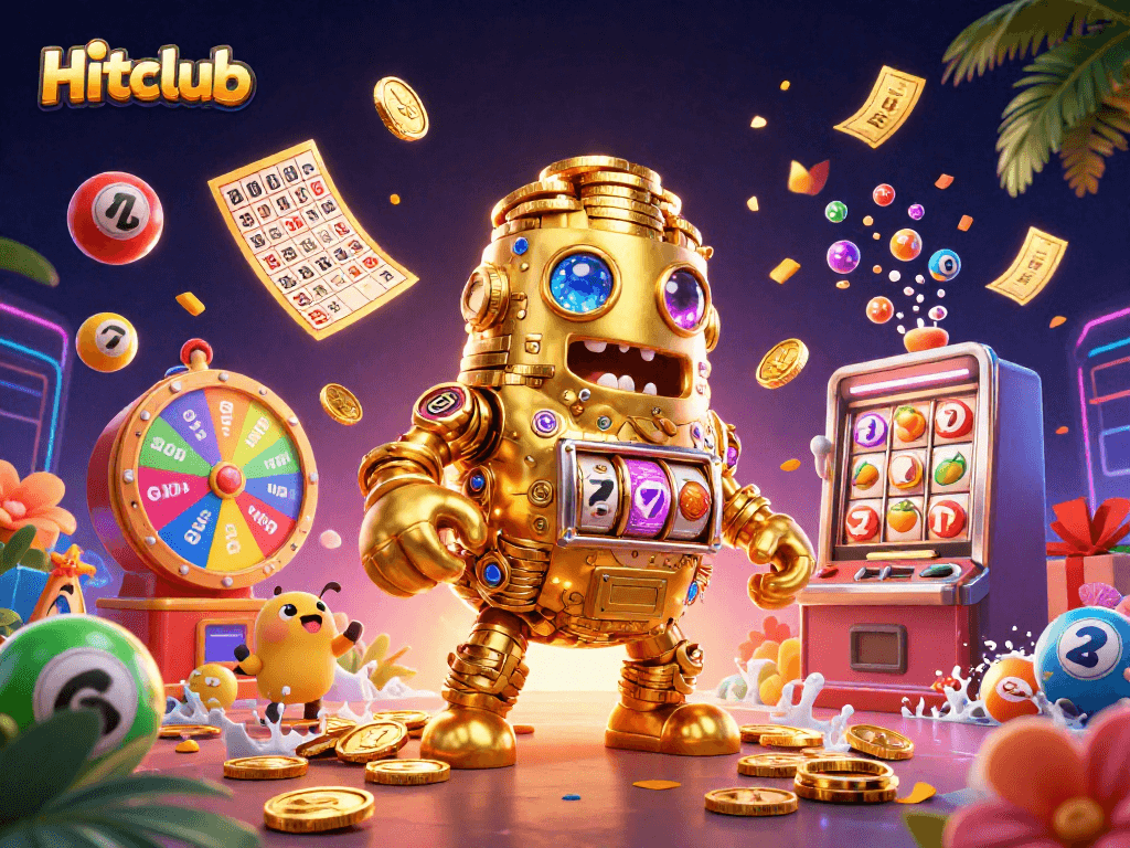 Hitclub golem spins colorful lottery balls in a vibrant casino scene filled with excitement.