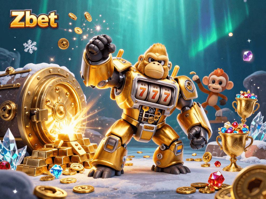 Experience thrilling action at Zbet with a 3D golden gorilla mech and slot machine excitement.