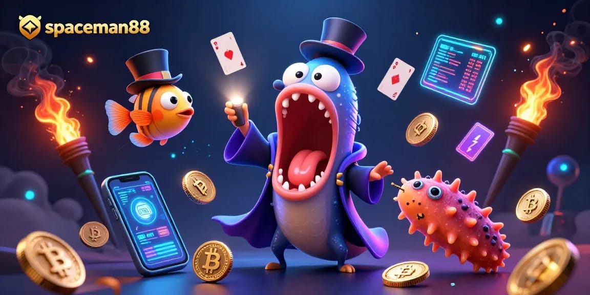 spaceman88 showcases a vibrant casino scene with deep-sea creatures celebrating wins through magical card tricks