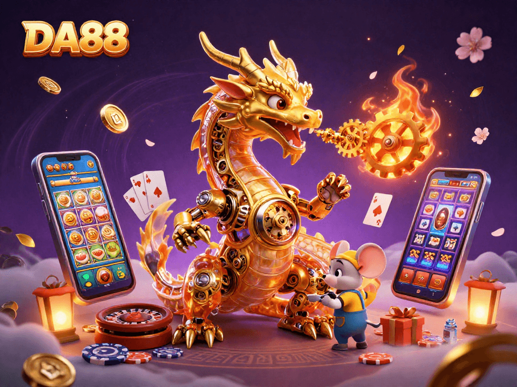 Experience DA88's thrilling gaming world where a golden dragon brings luck with vibrant slots and exciting casino elements.