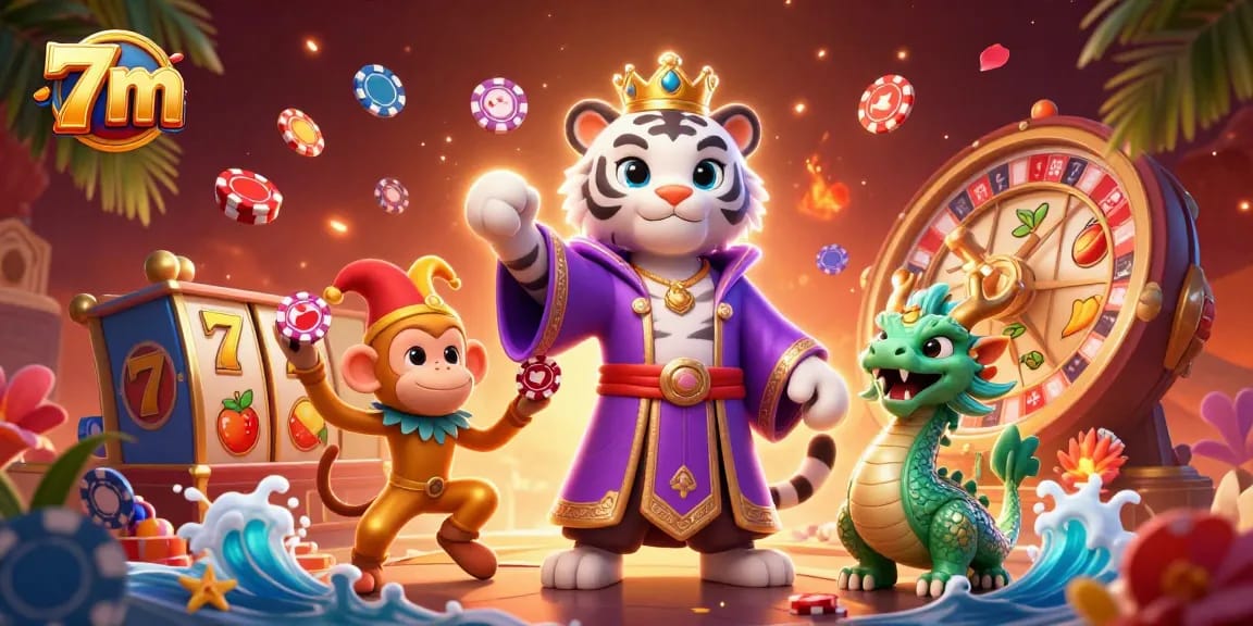 Play and win with 7m casino slots featuring vibrant characters and dynamic poker elements.