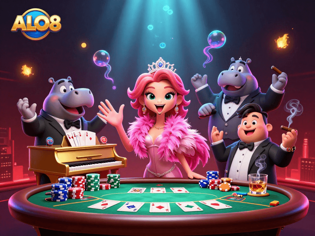 Experience thrilling gameplay at ALO8 with a vibrant online casino illustration showcasing exciting characters and dynamic elements.