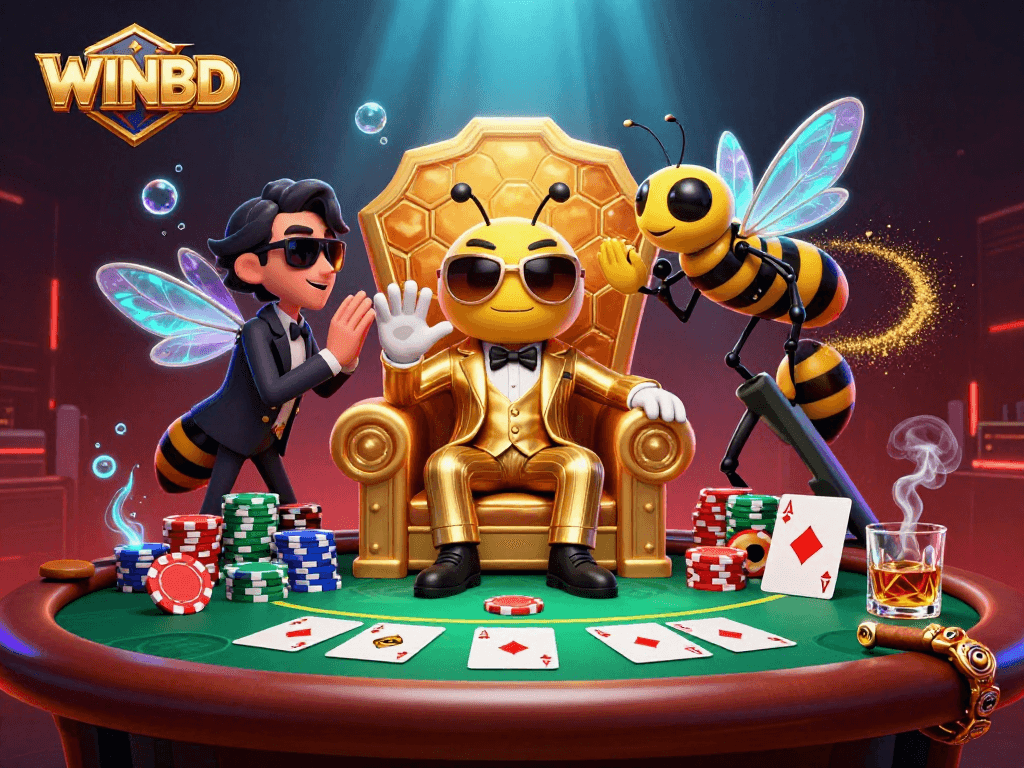 Experience the excitement of betting at WINBD with a vibrant, cartoon-style illustration of casino elements.