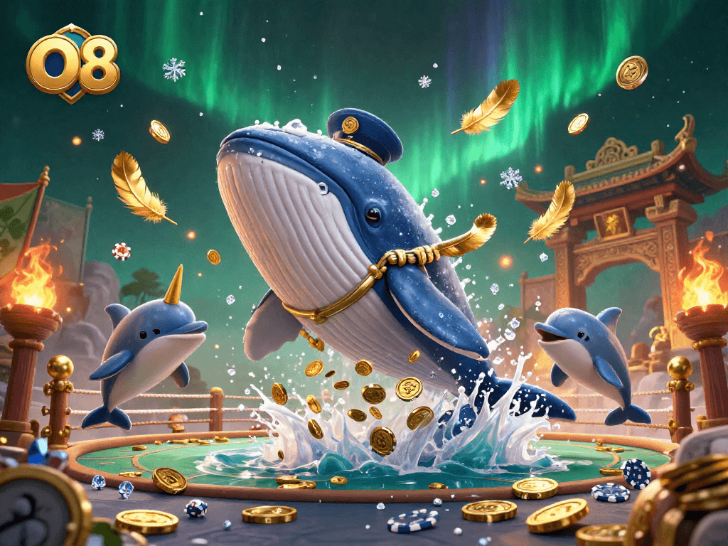 Engage with O8 as a gigantic whale and vibrant sea creatures create a lively casino scene.