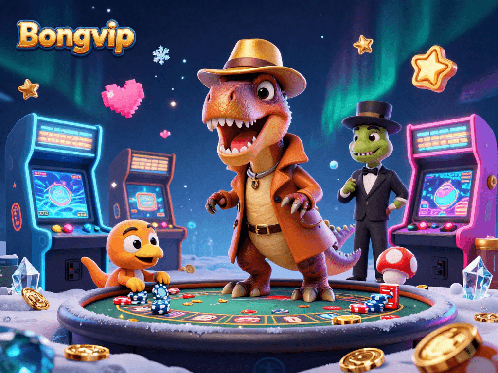 Bongvip showcases an exhilarating blackjack scene with a sneaky velociraptor and stegosaurus boss creating a vibrant casino atmosphere.