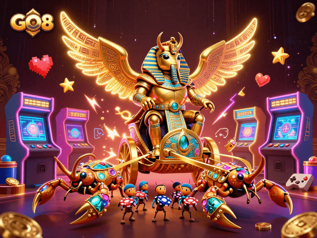 Experience thrilling wins at GO8 with a dynamic casino adventure featuring golden scarab beetle and scorpions.