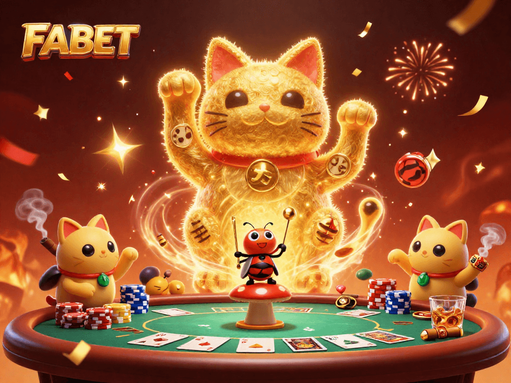 Experience vibrant casino action with FABET's lucky cat, poker chips, and festive atmosphere.