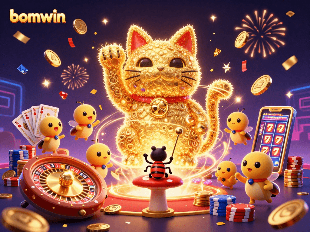 Engage in playful luck with the bomwin lucky cat, golden coins, and vibrant casino symbols.