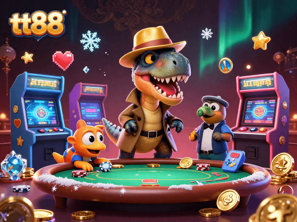 Experience dynamic poker action at tt88 casino with a cartoon velociraptor and friends.