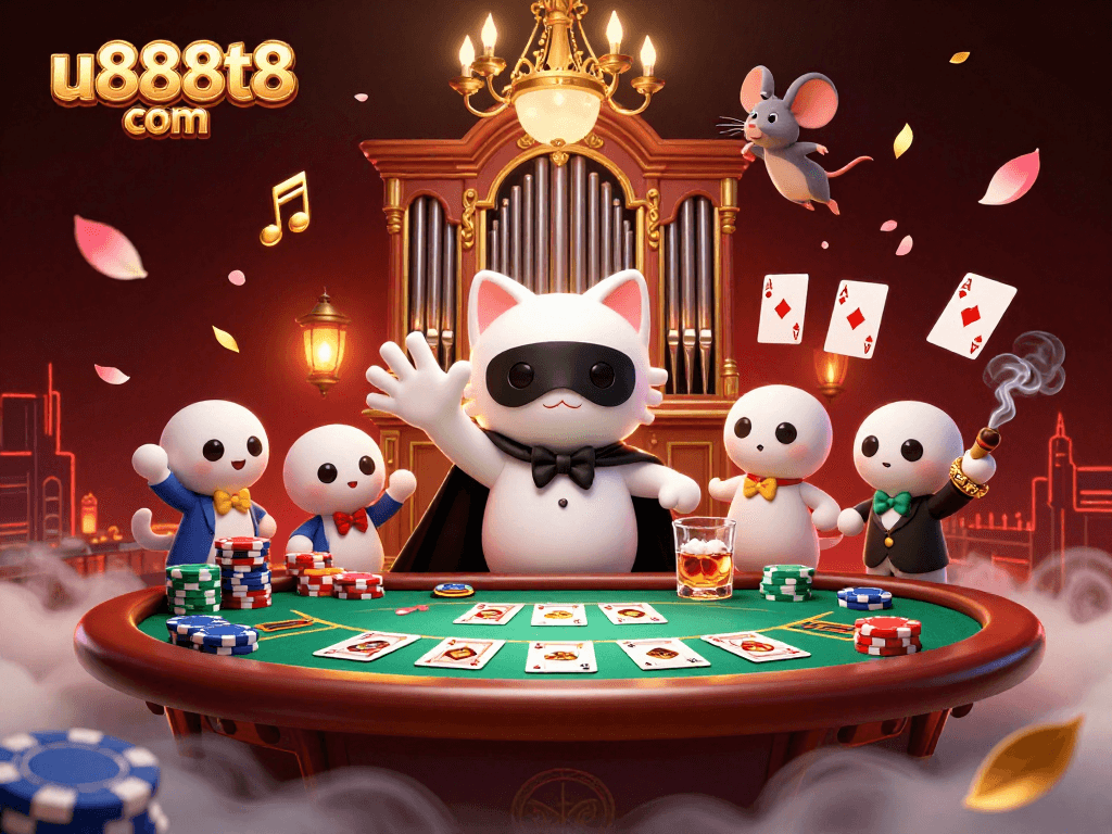 Experience exciting gameplay at u888t8 com with a lively casino scene featuring poker elements and whimsical characters.